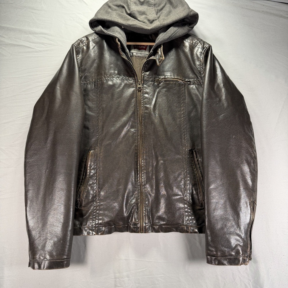 Levis Faux Leather Jacket Mens Large Brown Trucker Hooded Chinstrap Full Zip Y2K